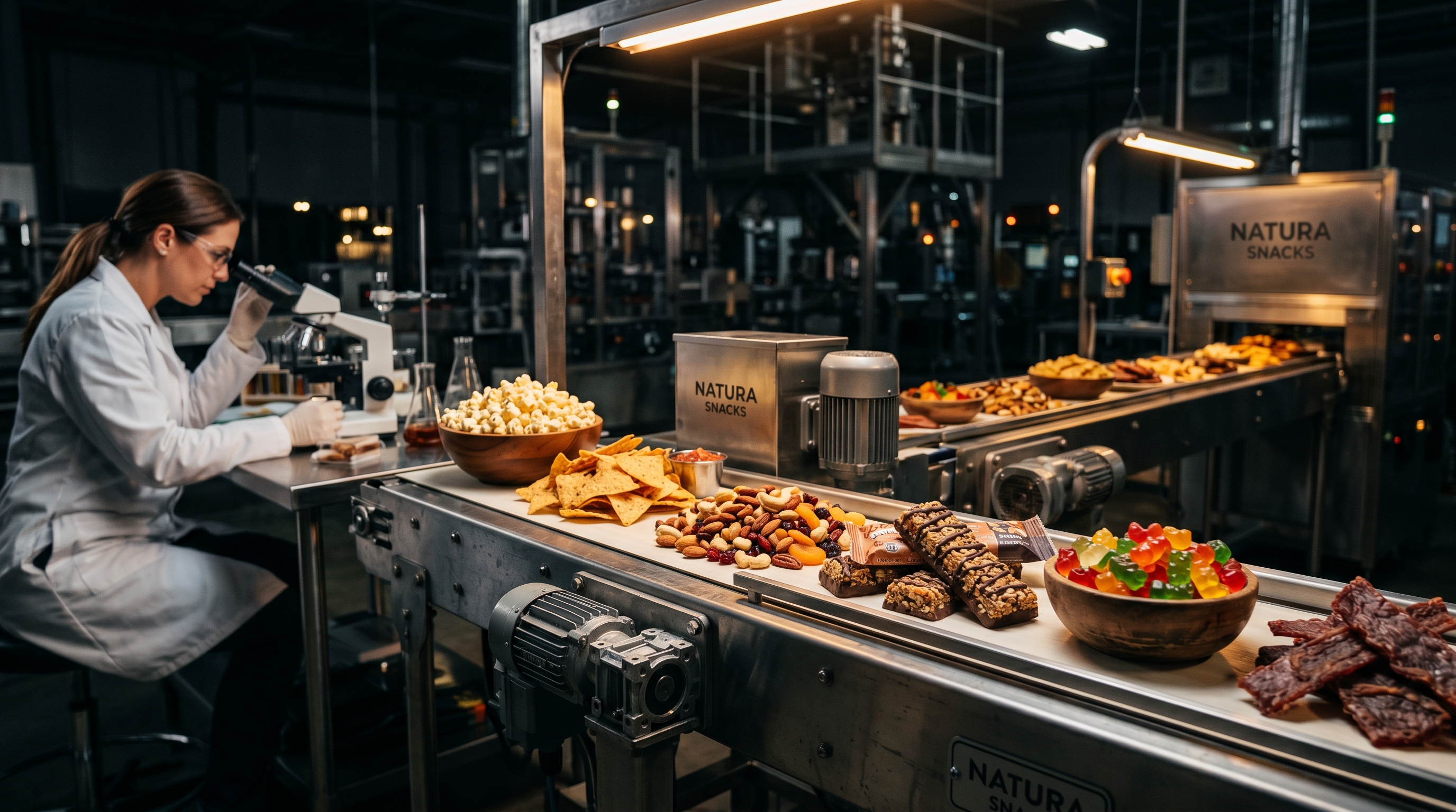 Snacks on a production line with a food scientist